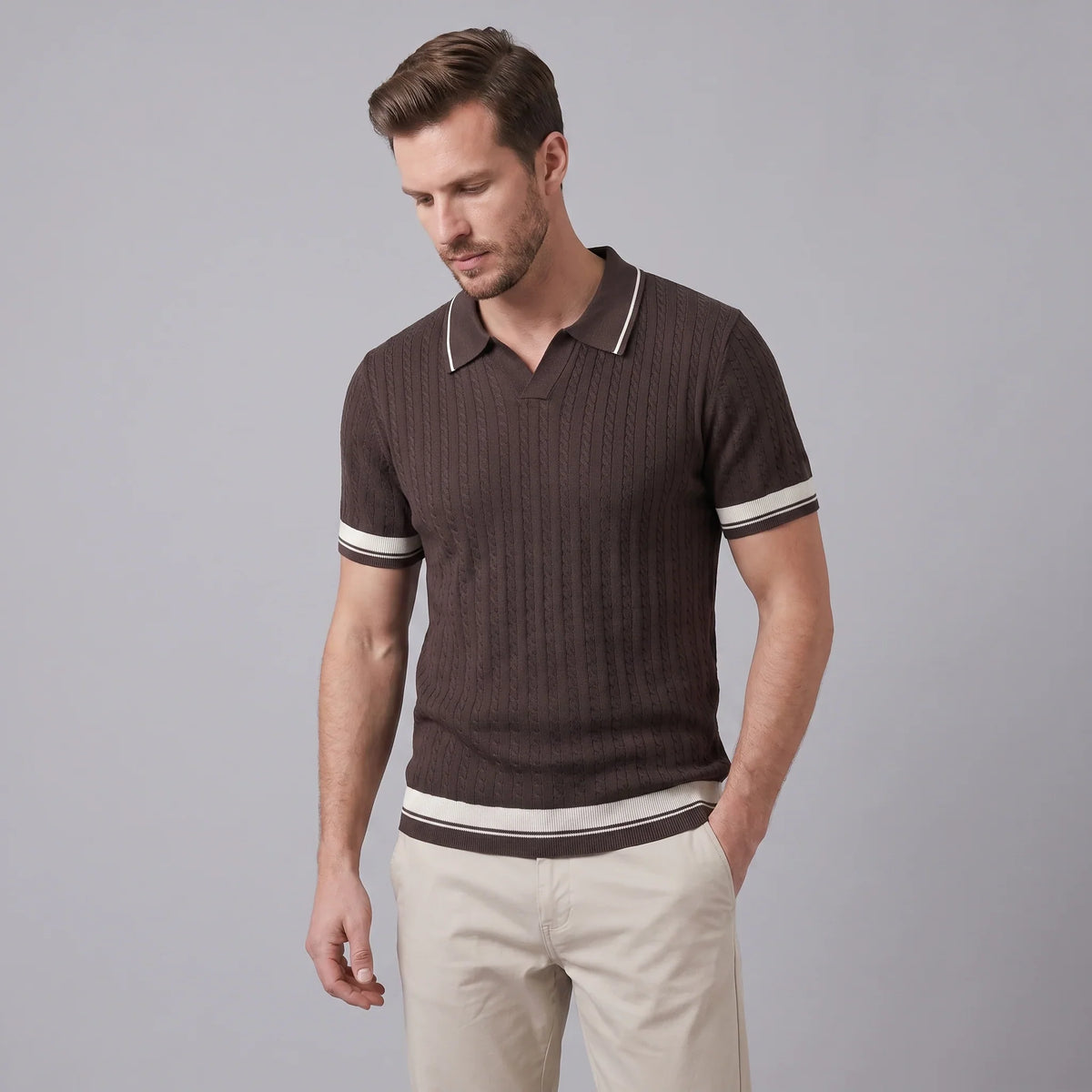Men's Textured Knit Contrast Trim Polo Shirt 9