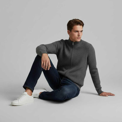 Men's Black Zip Up Cardigan | Slim Fit Ribbed Knit Style