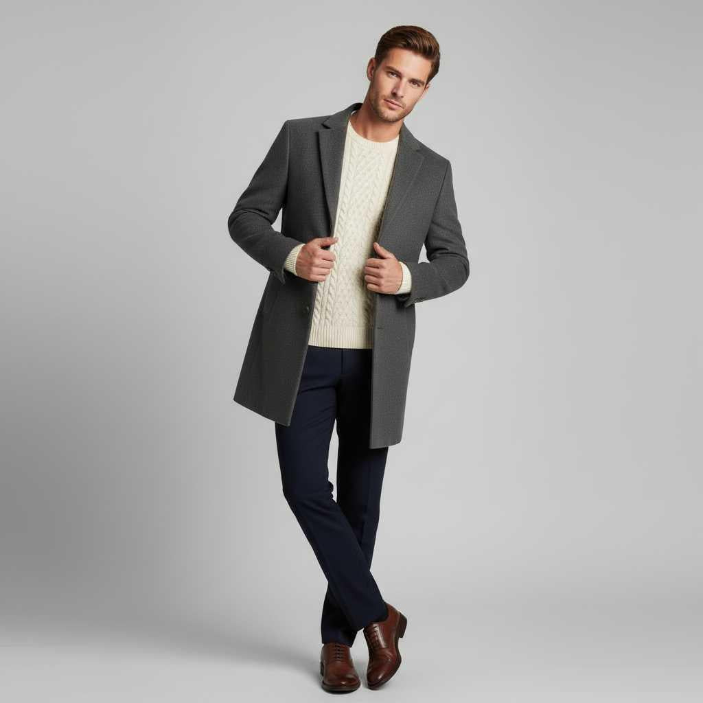 Men's Long Overcoat | Stylish Notched Lapel Winter Coat