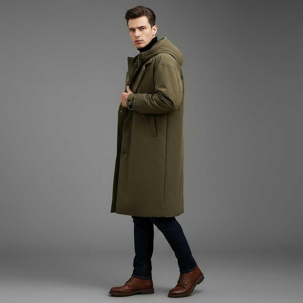 Men's Waterproof Puffer Trench Coat | Long Hooded Jacket
