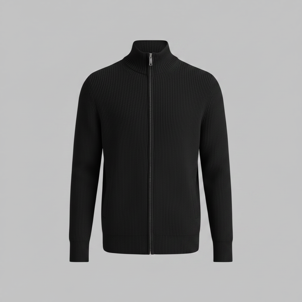 Men's Black Zip Up Cardigan | Slim Fit Ribbed Knit Style 5