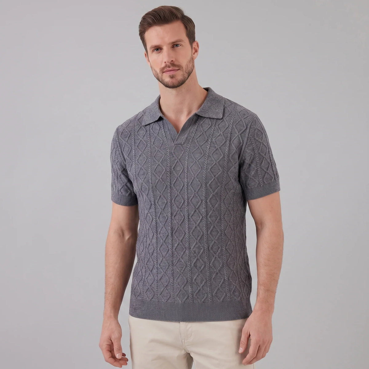 Men's Diamond Cable Knit Polo 9