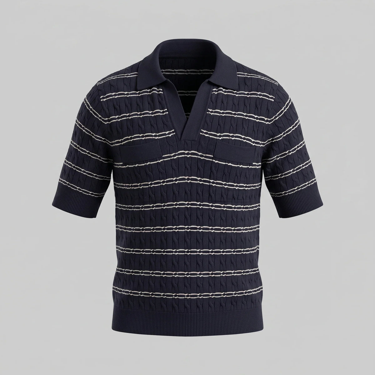 Men's Striped Cable Knit Open Collar Polo 1