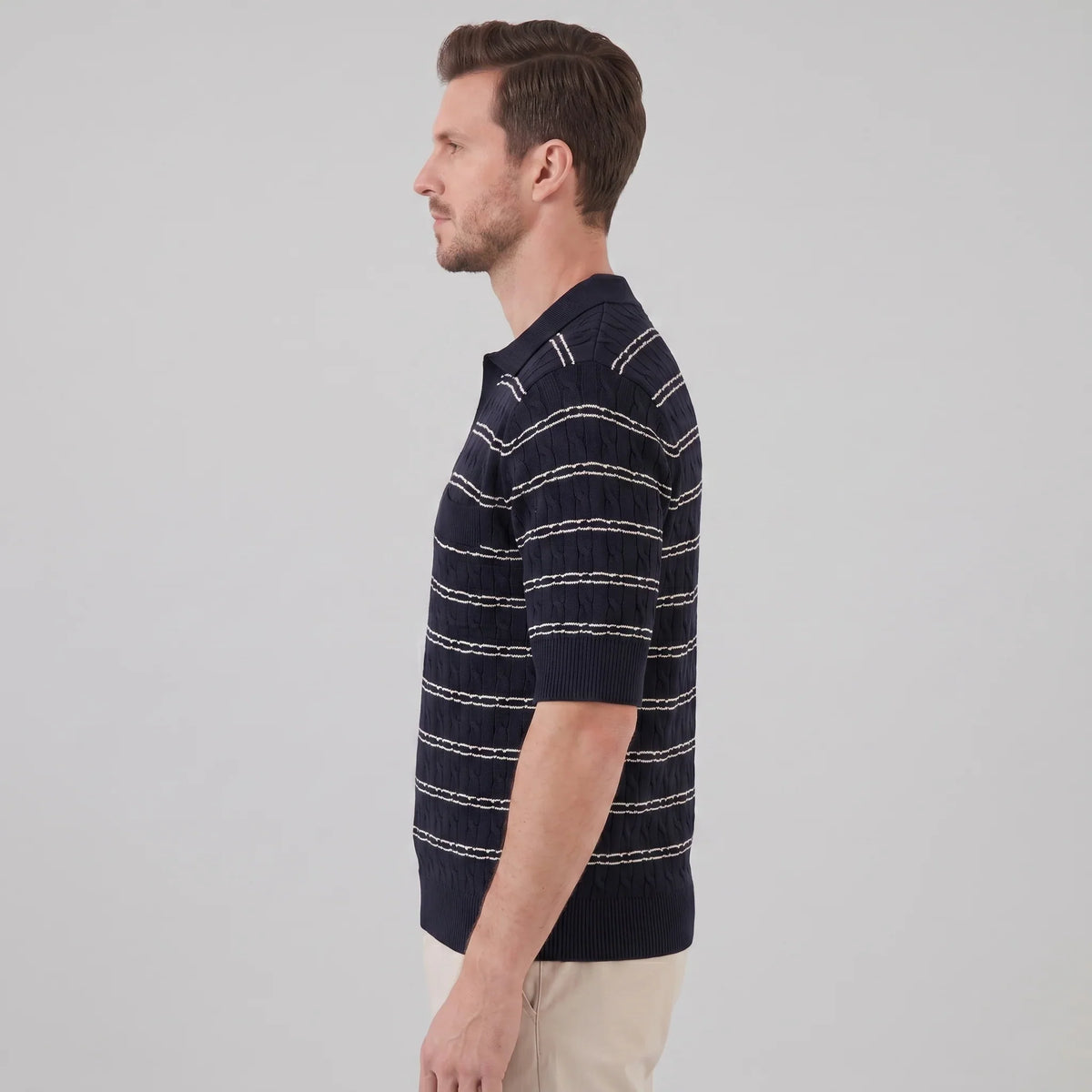 Men's Striped Cable Knit Open Collar Polo 2