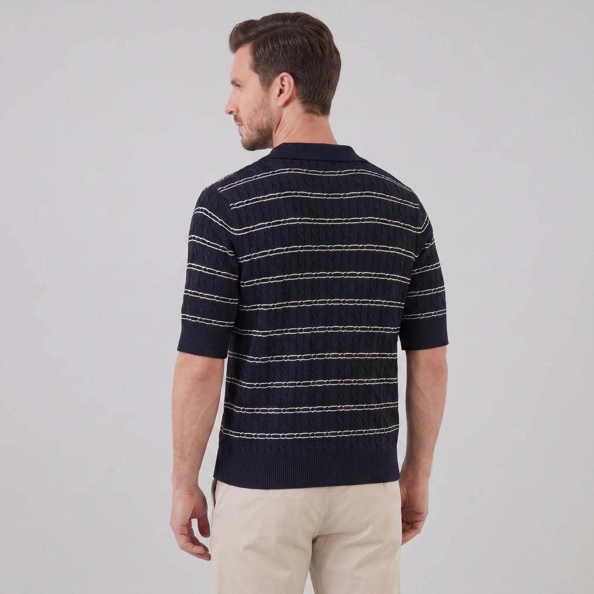 Men's Striped Cable Knit Open Collar Polo 3