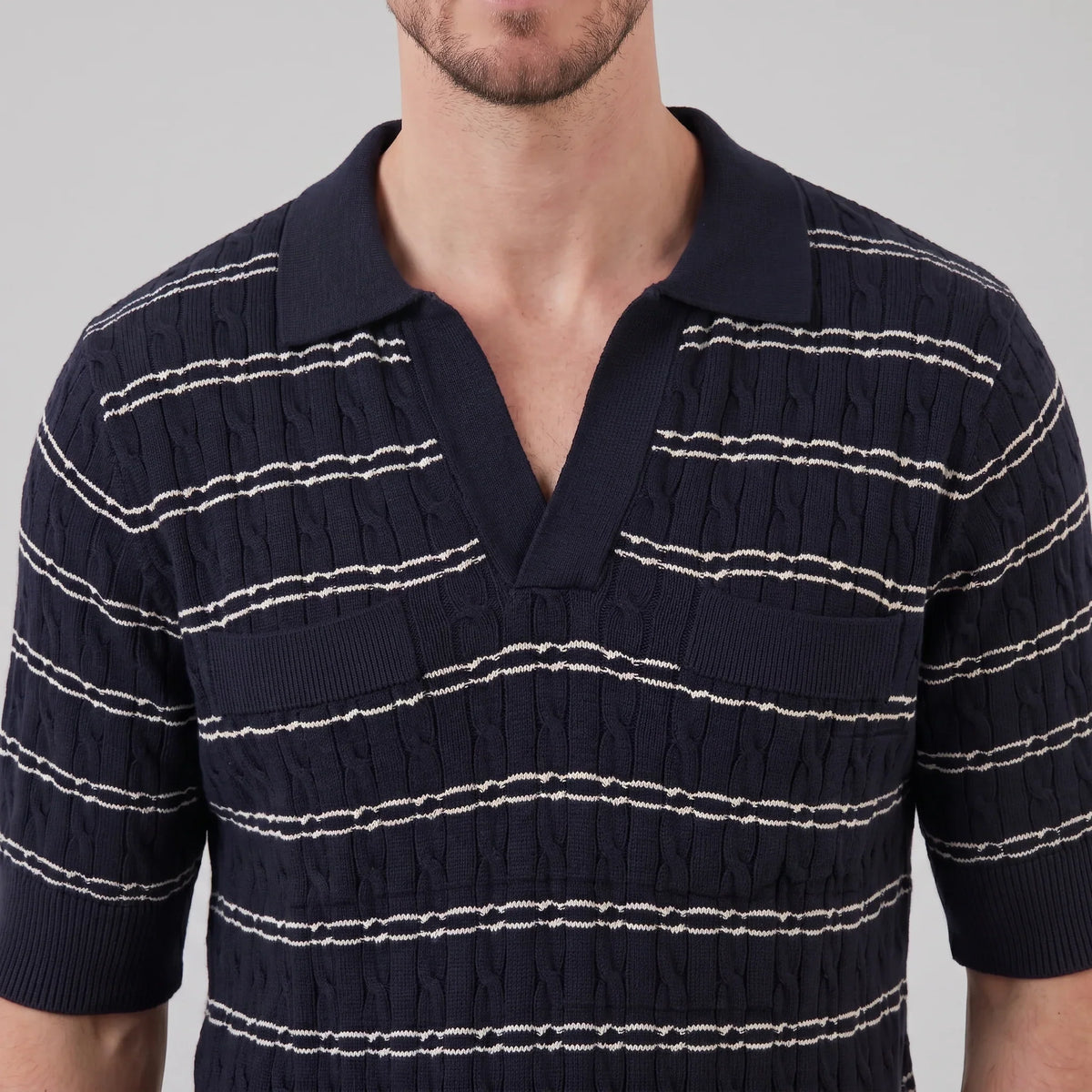 Men's Striped Cable Knit Open Collar Polo 4