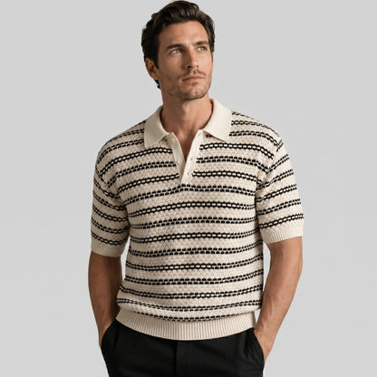 Men's Striped Crochet Knit Polo Shirt 0