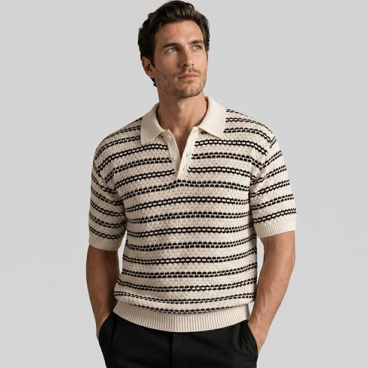 Men's Striped Crochet Knit Polo Shirt 0