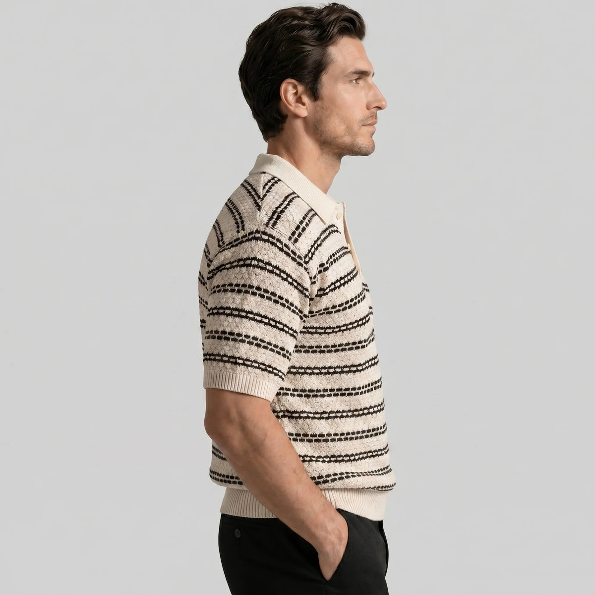 Men's Striped Crochet Knit Polo Shirt 1