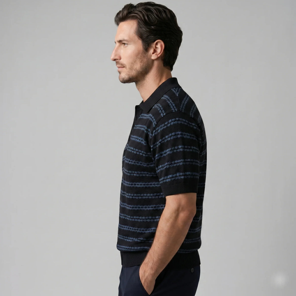 Men's Striped Crochet Knit Polo Shirt 6