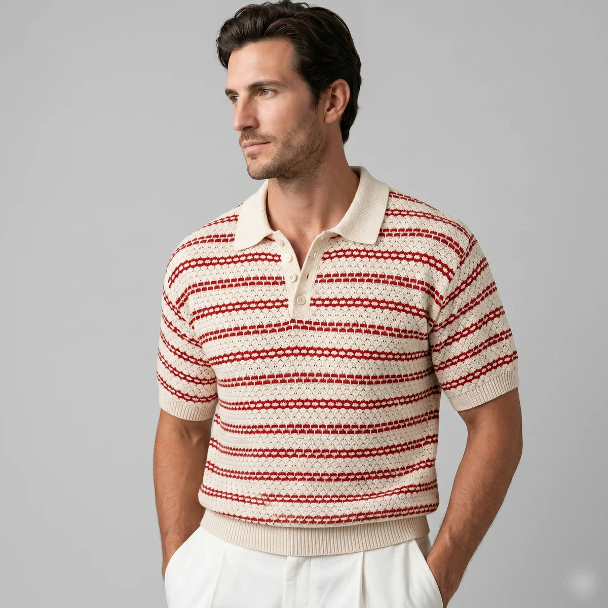 Men's Striped Crochet Knit Polo Shirt 9