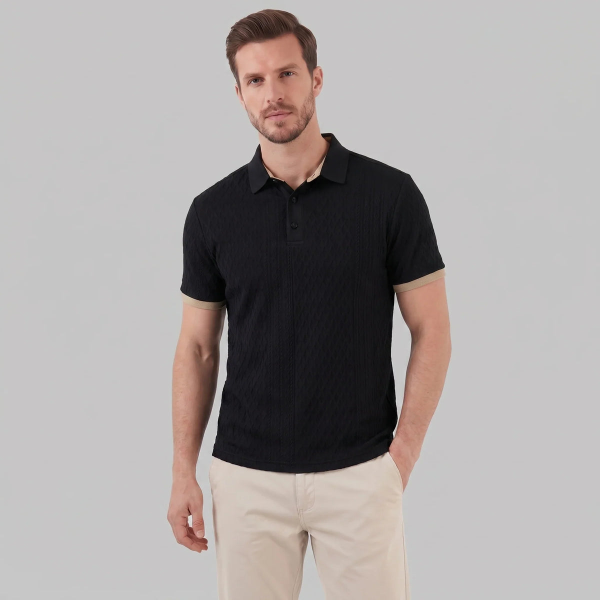 Men's Textured Polo Shirt with Contrast Collar 5