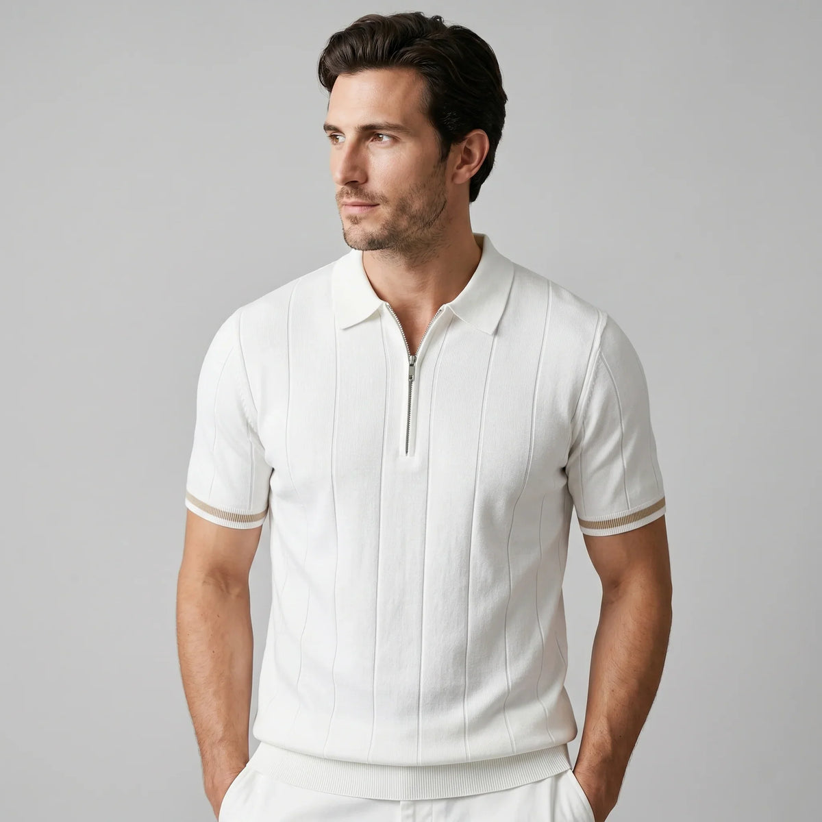 Men's Vertical Stripe Zip-Neck Polo 0