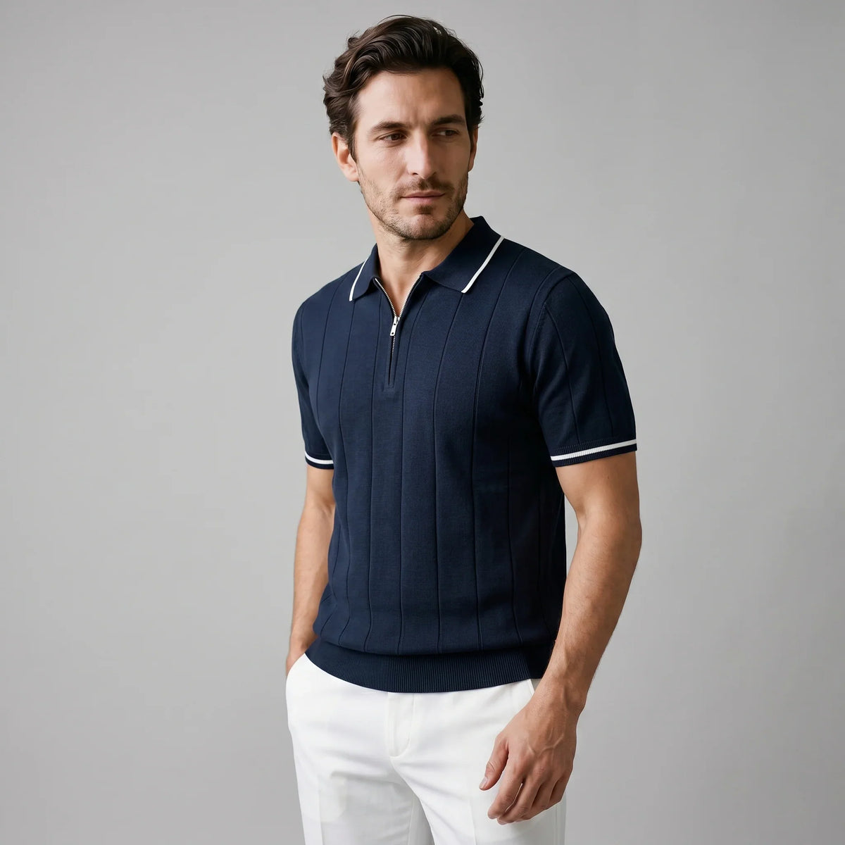 Men's Vertical Stripe Zip-Neck Polo 6