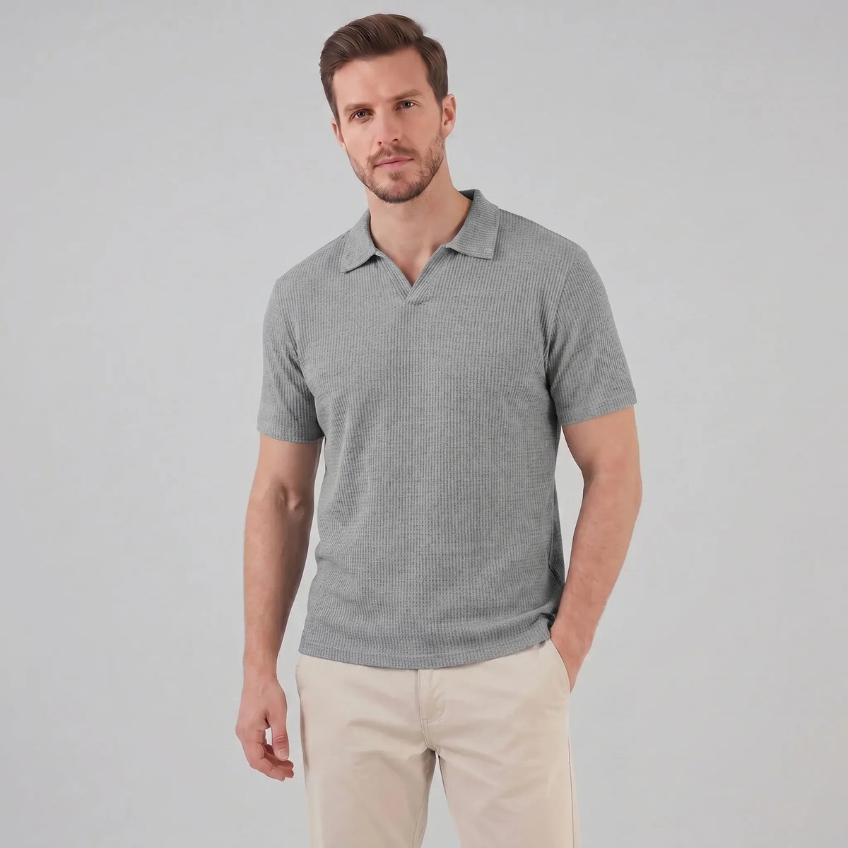 Men's Waffle Knit Open Collar Polo 5